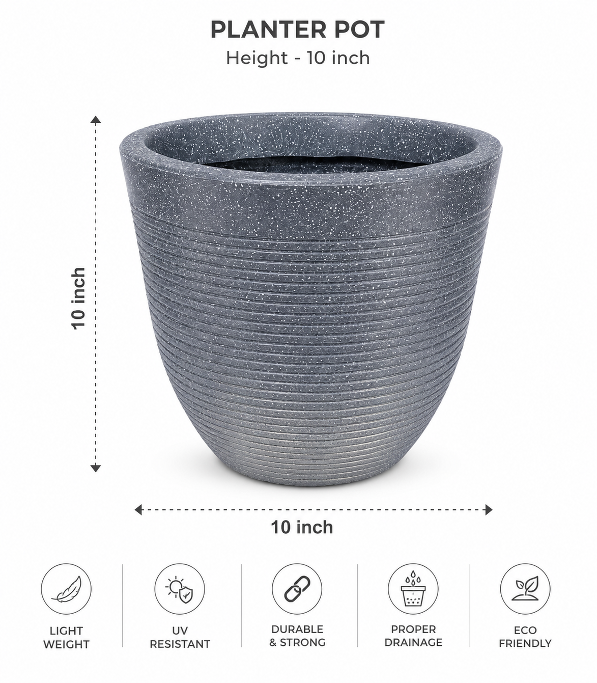 10-Inch Ribbed Grey Planter Pot | Modern Lightweight Indoor & Outdoor Garden Pot