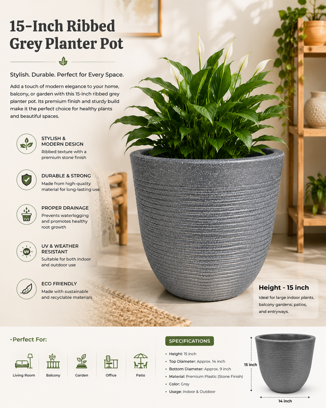 15-Inch Ribbed Grey Planter Pot | Premium Lightweight Indoor & Outdoor Garden Planter