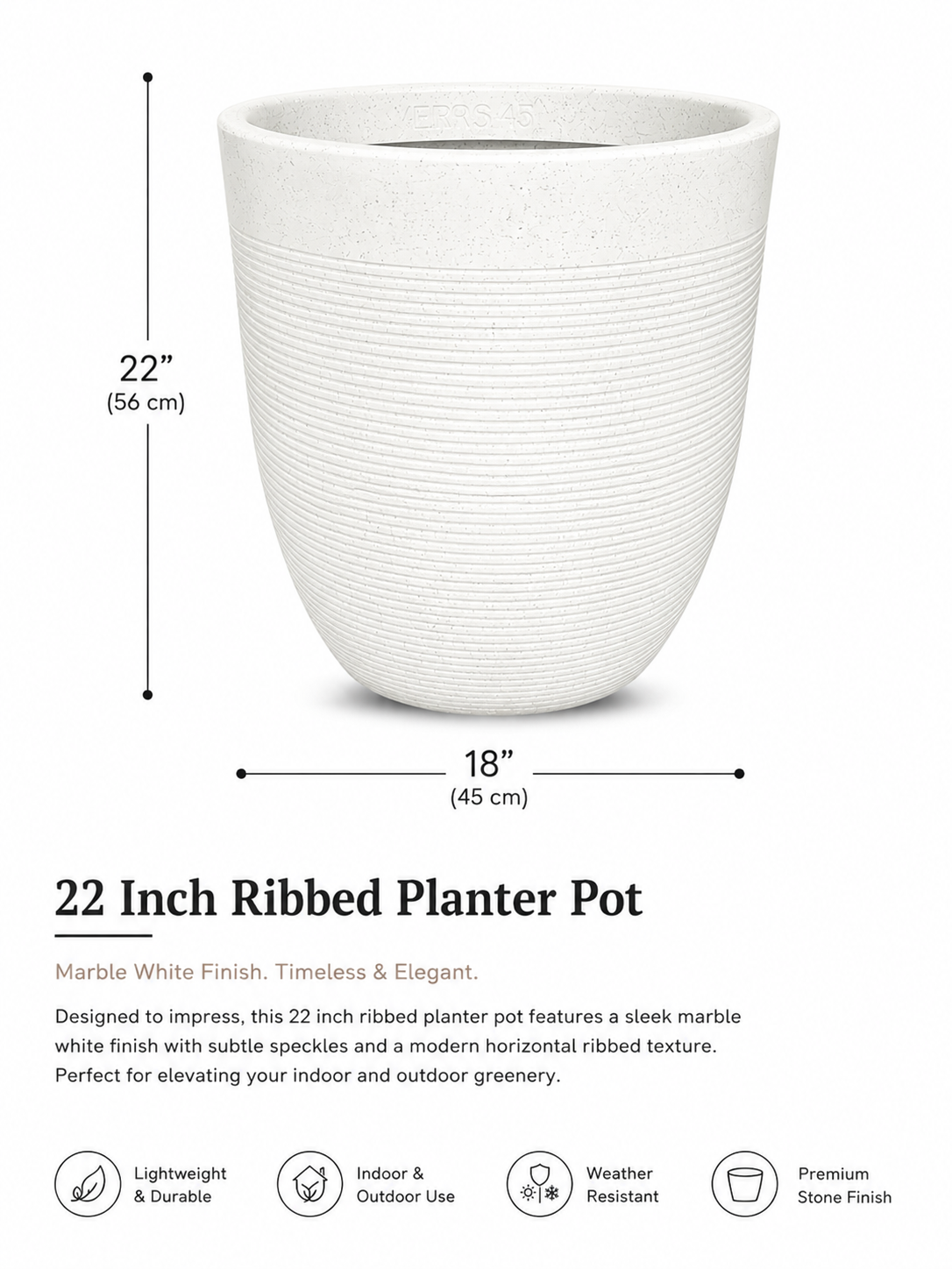 22-Inch Marble White Ribbed Fiber Planter Pot | Premium Indoor & Outdoor Decorative Planter