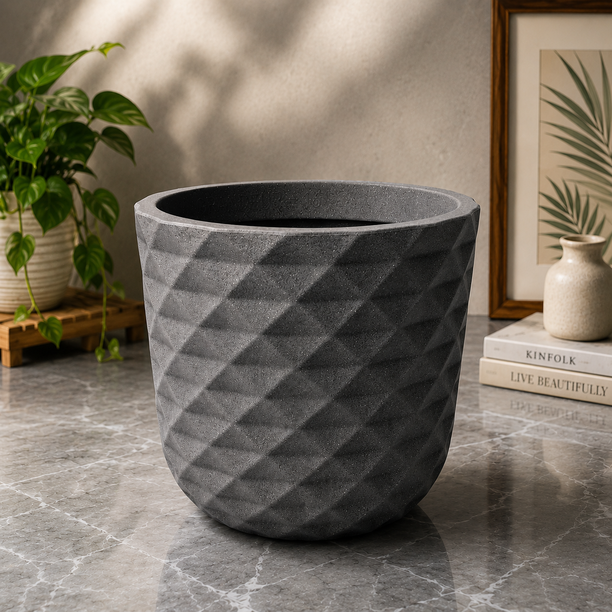 12 Inch Diamond Texture Marble Grey Planter | Premium Lightweight Decorative Garden Pot
