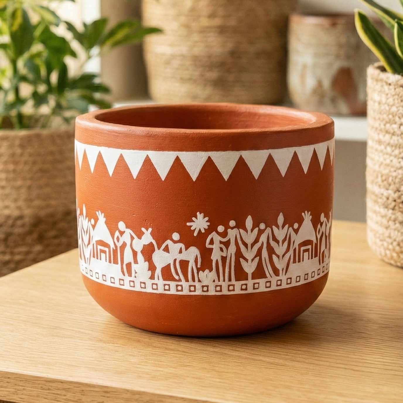 Hand-Painted Warli Art Terracotta Planter