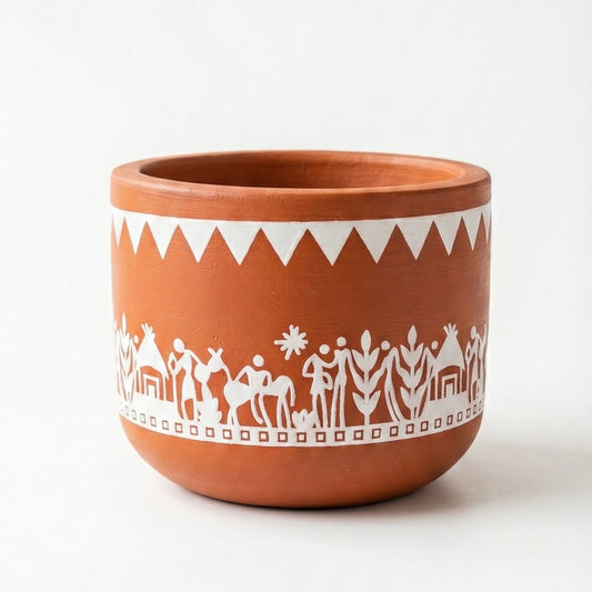 Hand-Painted Warli Art Terracotta Planter