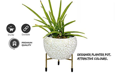 OurBalconyGarden White Gold Graph Design Metal Pot (with Stand) OBG-7