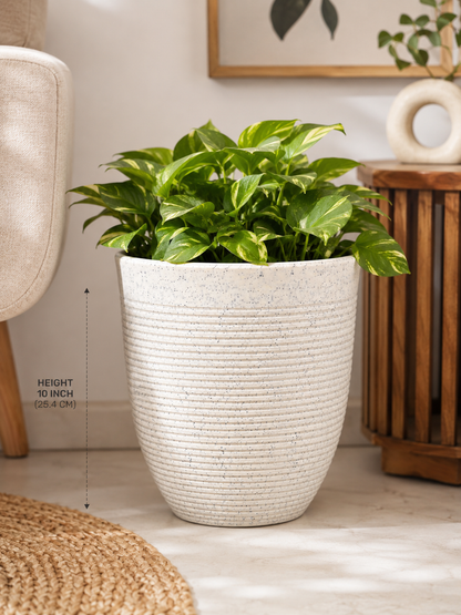 10 Inch Ribbed Speckled White Planter Pot | Modern Decorative Indoor & Outdoor Plant Pot