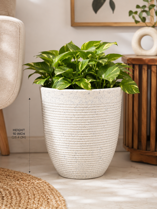 10 Inch Ribbed Speckled White Planter Pot | Modern Decorative Indoor & Outdoor Plant Pot