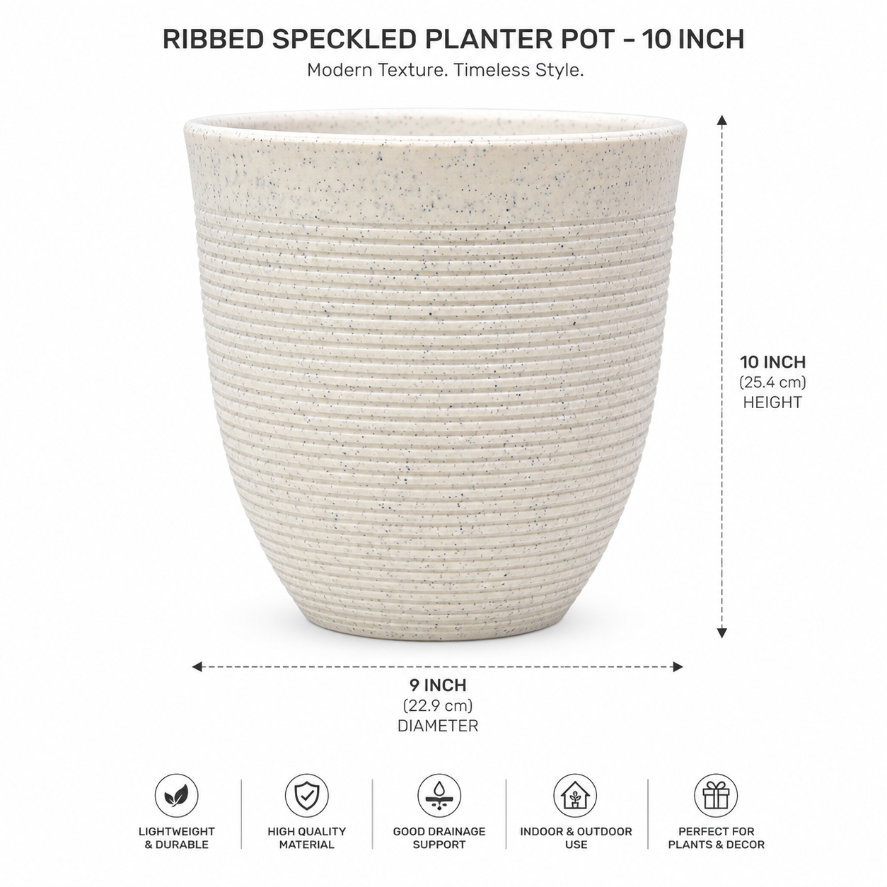 10 Inch Ribbed Speckled White Planter Pot | Modern Decorative Indoor & Outdoor Plant Pot