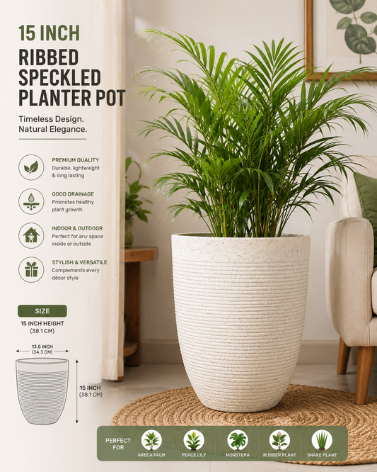 15 Inch Ribbed Speckled White Planter Pot | Large Modern Indoor & Outdoor Decorative Planter
