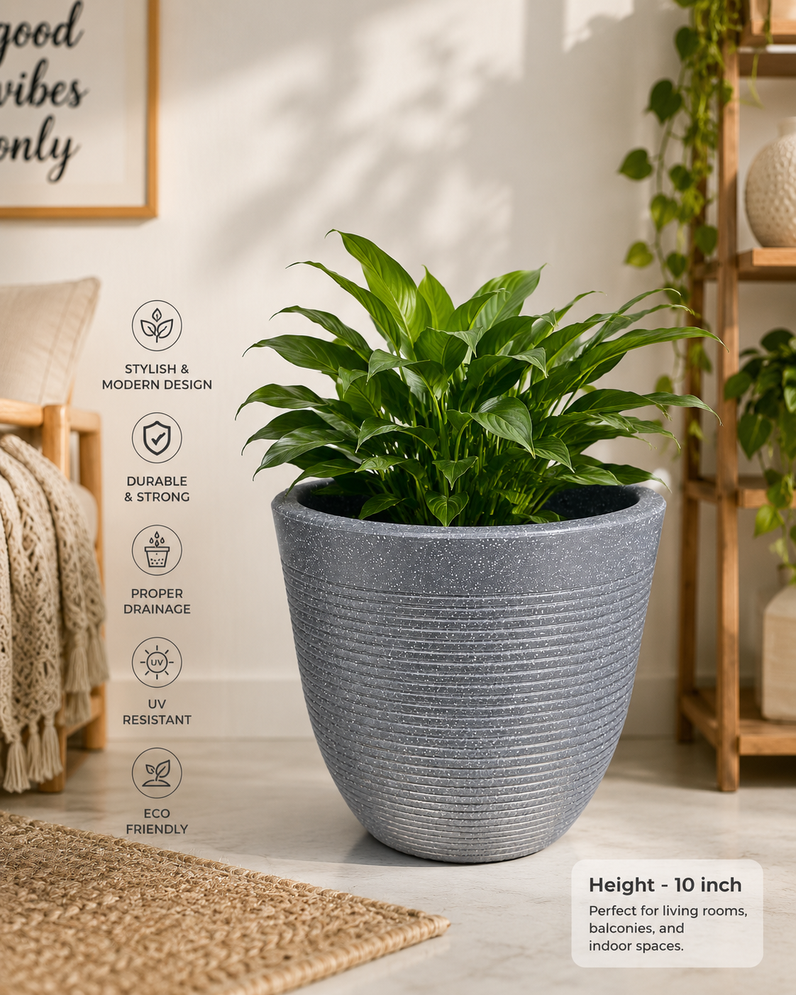 10-Inch Ribbed Grey Planter Pot | Modern Lightweight Indoor & Outdoor Garden Pot