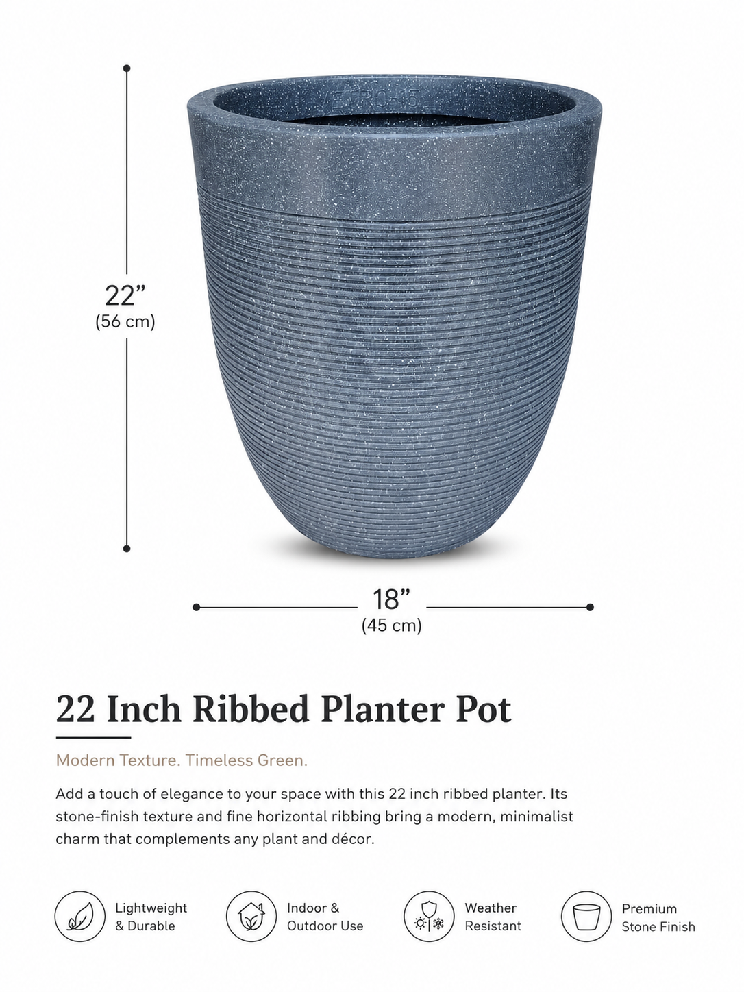 22 Inch Grey Ribbed Designer Planter | Premium Indoor & Outdoor Plant Pot