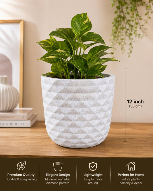 12 Inch Geometric Marble White Planter Pot | Premium Lightweight Indoor & Outdoor Decorative Plant Pot