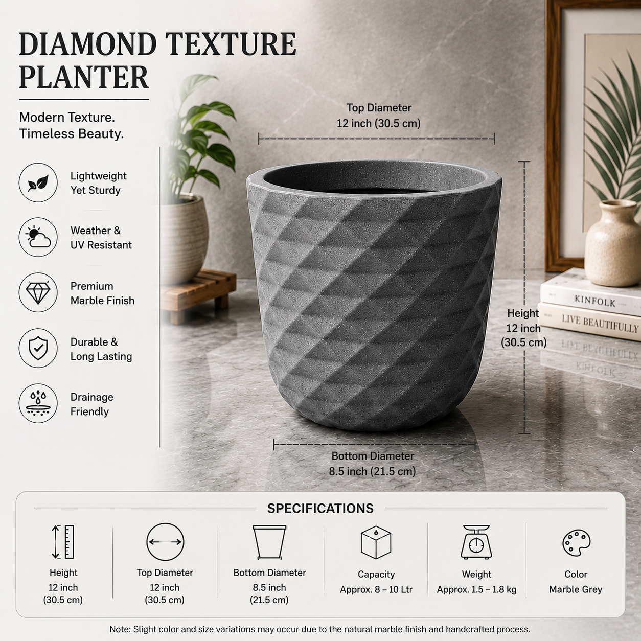 12 Inch Diamond Texture Marble Grey Planter | Premium Lightweight Decorative Garden Pot