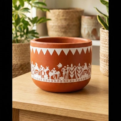 Hand-Painted Warli Art Terracotta Planter